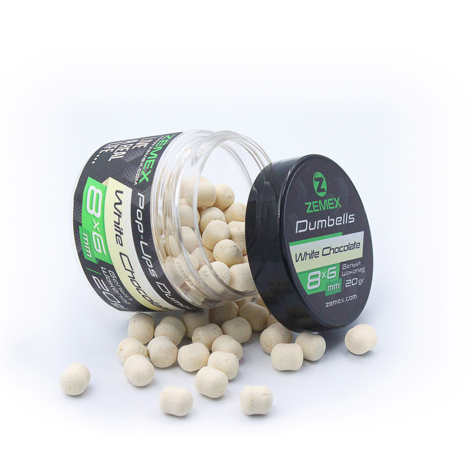 

Бойлы плавающие ZEMEX Pop-Ups Dumbells 20гр по 5 банок, White Chocolate/Белый шоколад, Dumbells