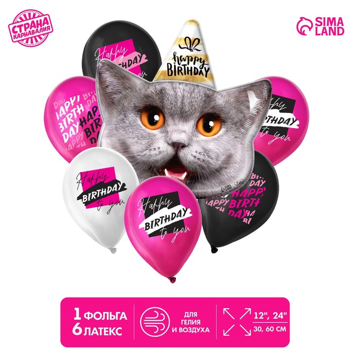 

Букет из шаров «HB to you», котик, латекс, фольга, набор 7 шт., Розовый