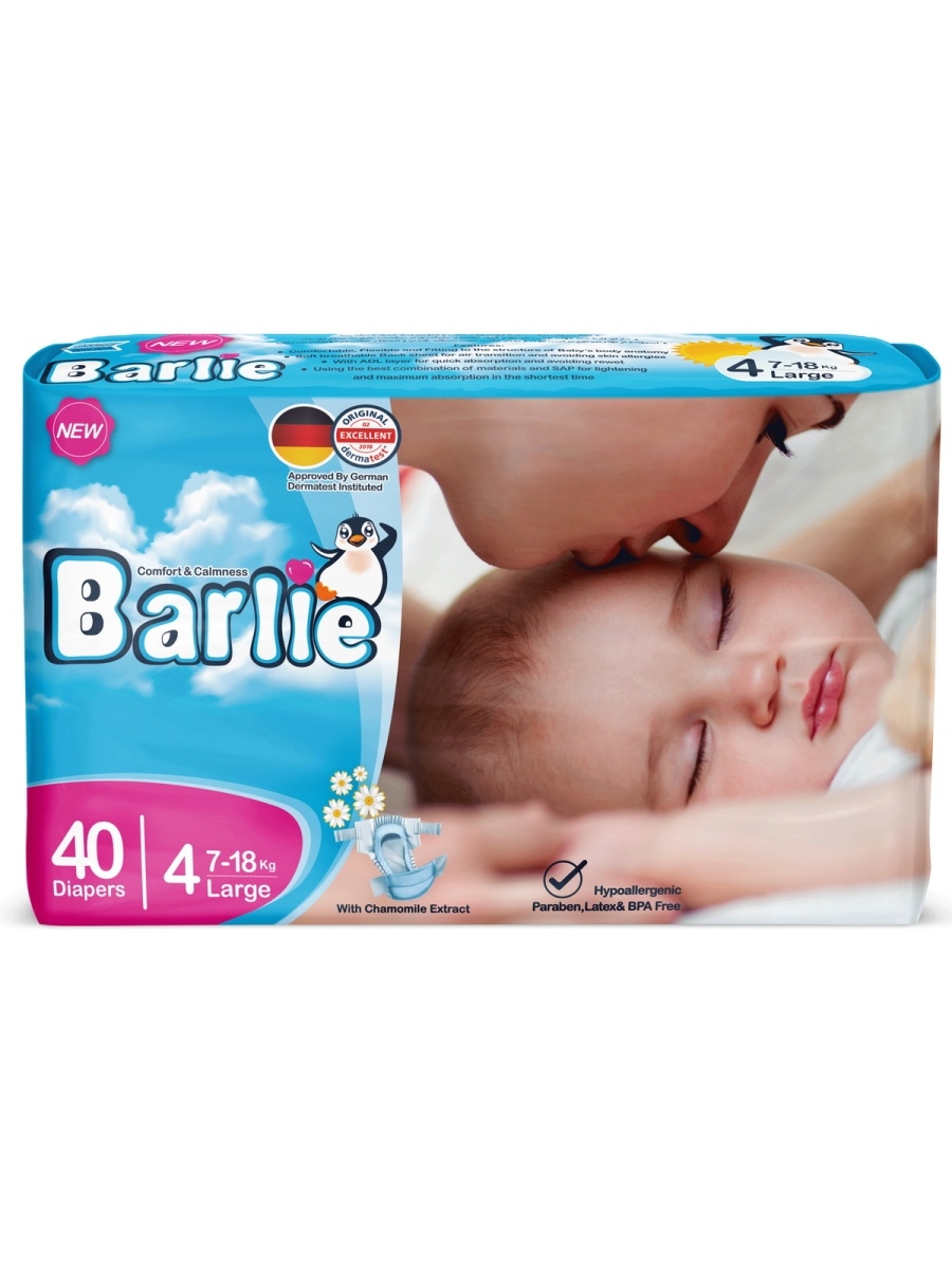 фото Подгузники детские barlie №4 размер l / large для малышей 7-18кг, 40шт. в упаковке