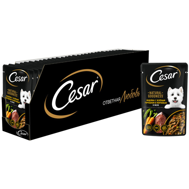 Влажный корм для собак Cesar Natural Goodness, с индейкой, горохом и морковью, 28шт по 80г