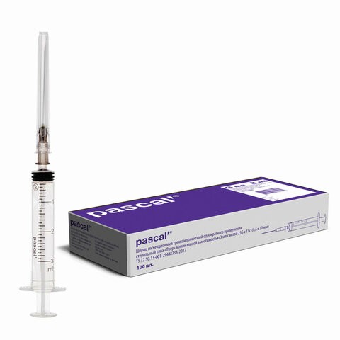 

Шприц 3-х компонентный PASCAL 3 мл КОМПЛЕКТ 100 шт. в коробке игла 0,7х40 22G 120307
