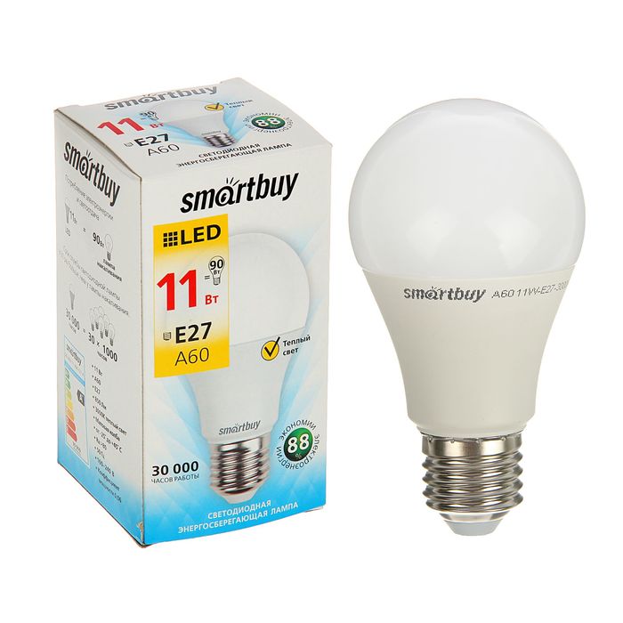 

Лампа cветодиодная Smartbuy, A60, E27, 11 Вт, 3000 К, теплый белый свет