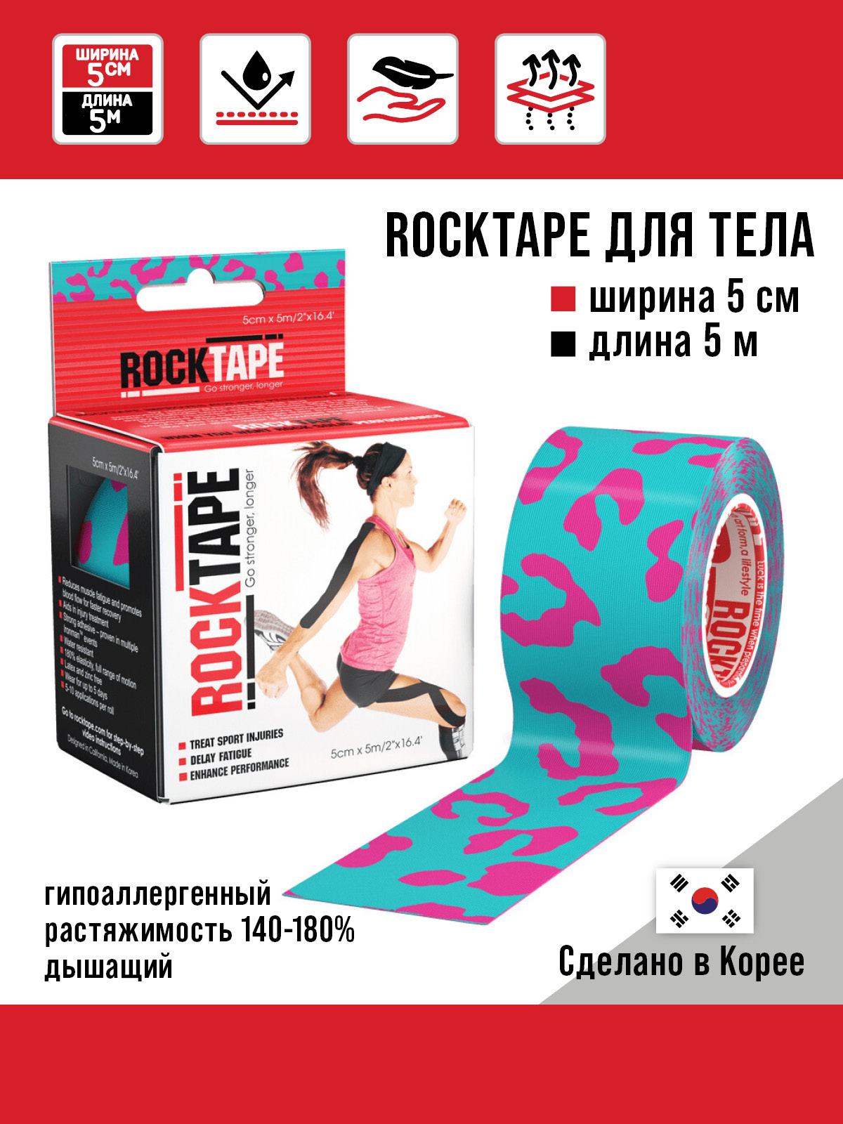 Кинезиотейп RockTape Classic голубой/розовый 500 см