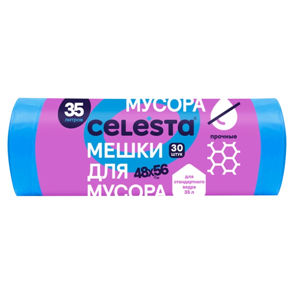 

Мешок для мусора Celesta 82897 30 шт, Синий, Мешки для мусора Celesta прочные, синие, 7 мкм. 35 литров 30 шт./рул.