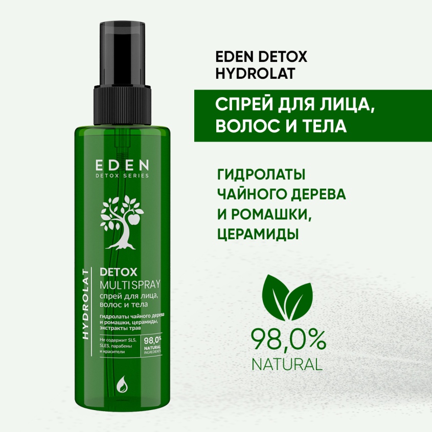Спрей для лица волос и тела Eden Detox Hydrolat 200мл черное мыло гидробионик для волос и тела 200мл