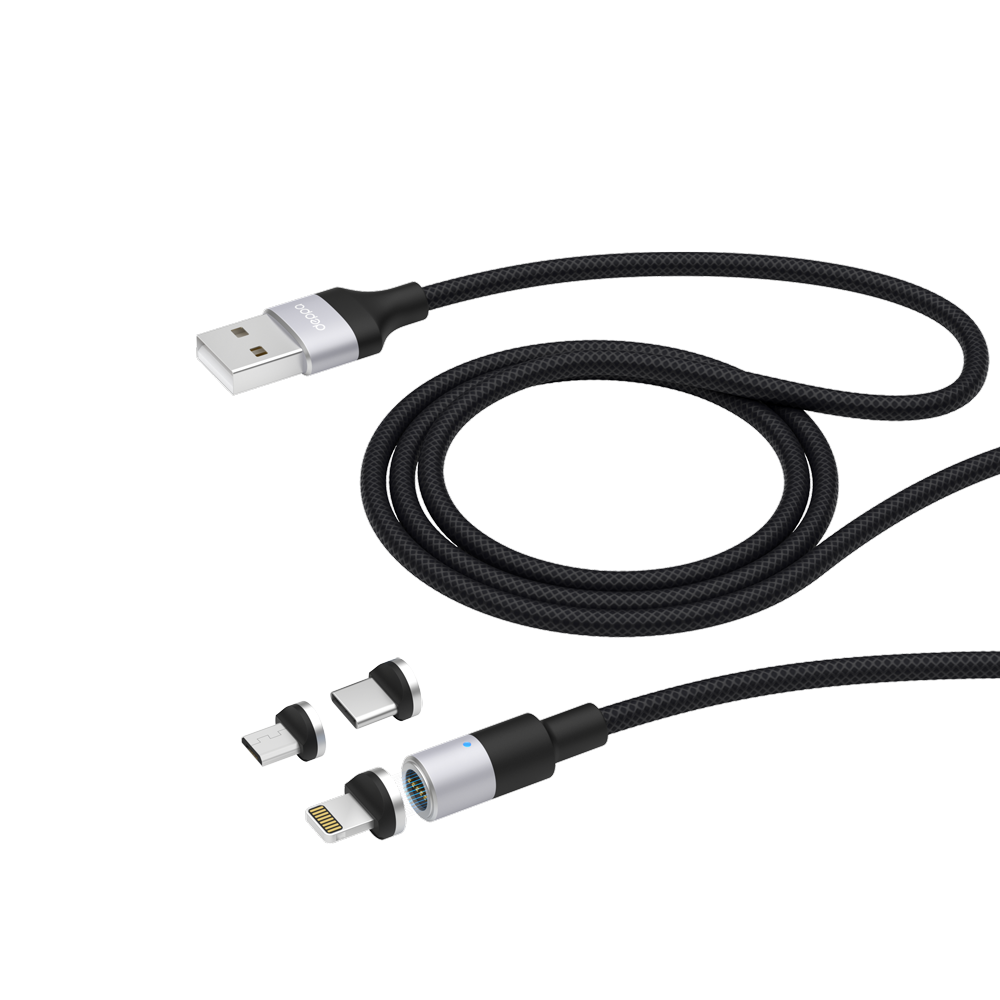 

Дата-кабель USB 3 в 1: micro USB, USB-C, Ligthning, 2.4A, магнитный, ткань, черный, крафт, 72282-OZ