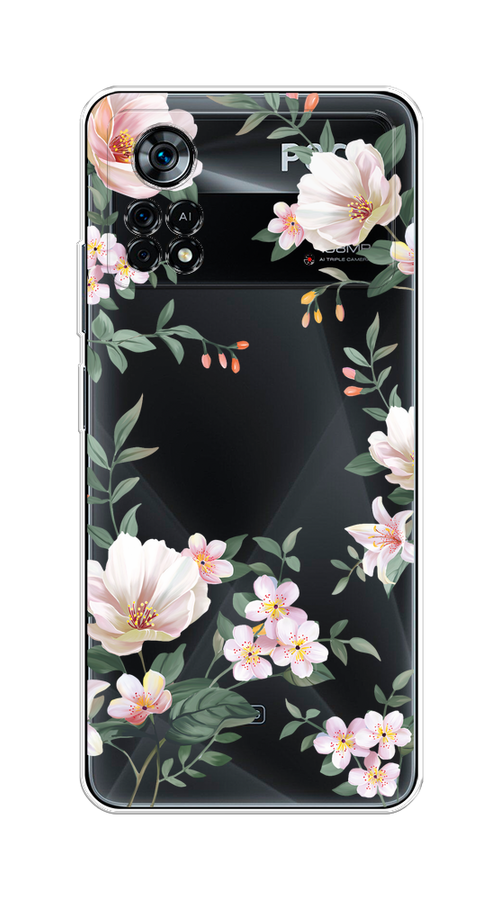 

Чехол на Xiaomi Poco X4 Pro 5G "Beautiful white flowers", Бежевый;зеленый, 313150-1