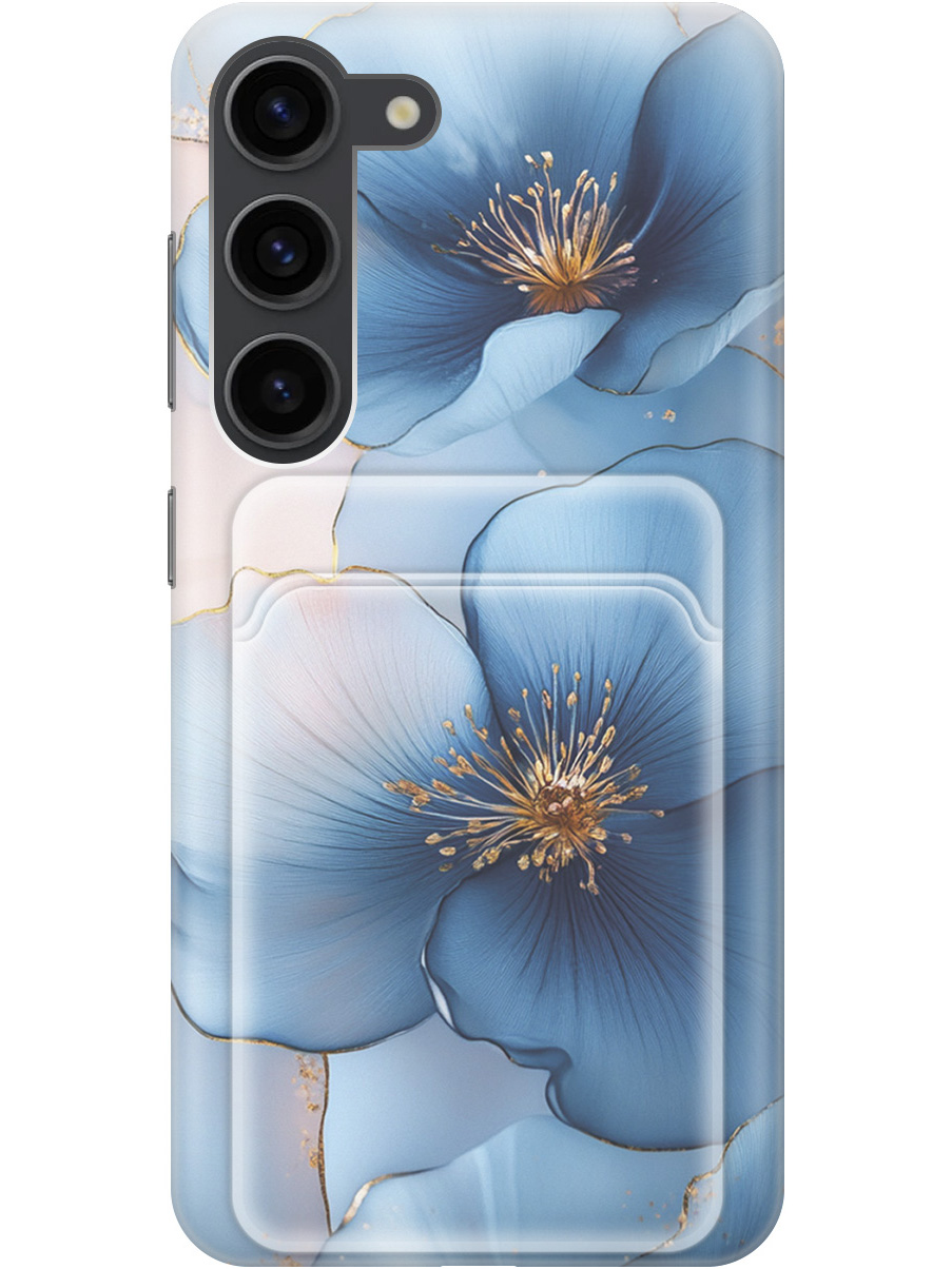 

Силиконовый чехол на Samsung Galaxy S23 с принтом "Голубые ирисы" с карманом для карты, Прозрачный;голубой;синий, 767959524