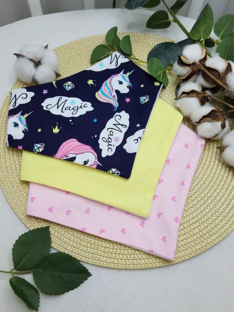 Нагрудники непромокаемые Единороги с кристаллами на синем 3шт