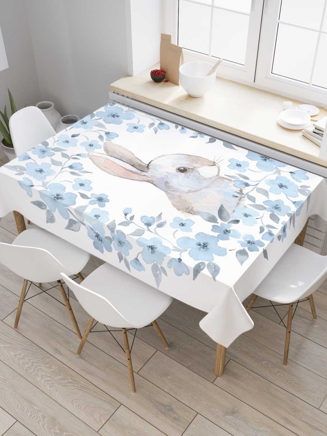 

Скатерть прямоугольная JoyArty "Цветочный кролик" из сатена, 120x145 см, Бежевый, Цветочный кролик