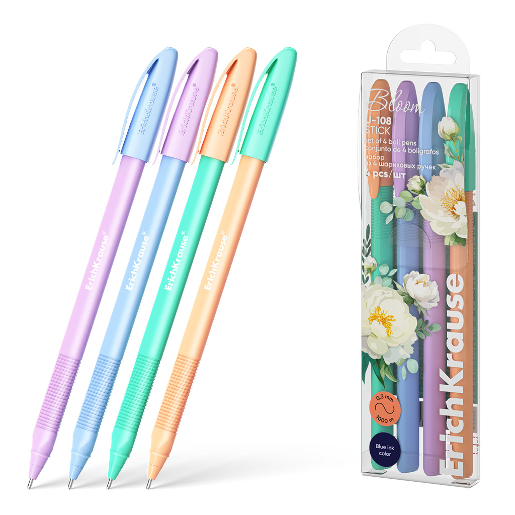 

Набор из 4 ручек шариковых ErichKrause U-108 Stick Pastel Bloom 61272 1,0, синий