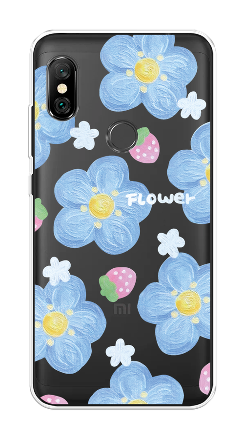 

Чехол на Xiaomi Redmi Note 6 Pro "Цветы и клубники", Прозрачный;голубой;белый, 34650-1