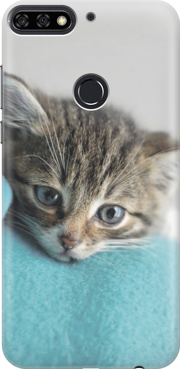 

Чехол на Honor 7C/7A Pro/Huawei Y6 Prime (2018) "Котенок на пледе", Белый;голубой, 801