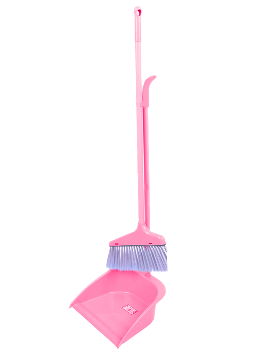 Набор для уборки URM совок и щетка веник на длинных ручках пластиковые розовые