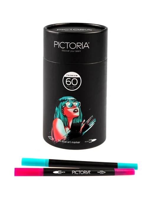 фото Набор двусторонних маркеров pictoria кисть и линер, для скетчинга и творчества, 60 цветов