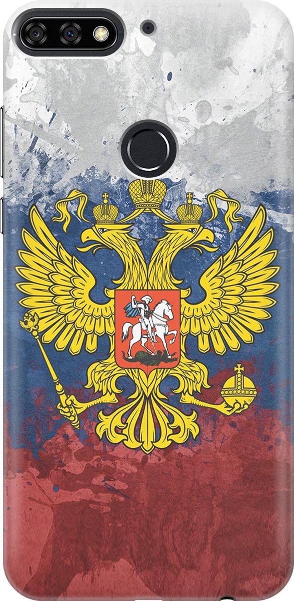 

Чехол на Honor 7C/7A Pro/Huawei Y6 Prime (2018) "Герб и Флаг РФ", Голубой;желтый, 800