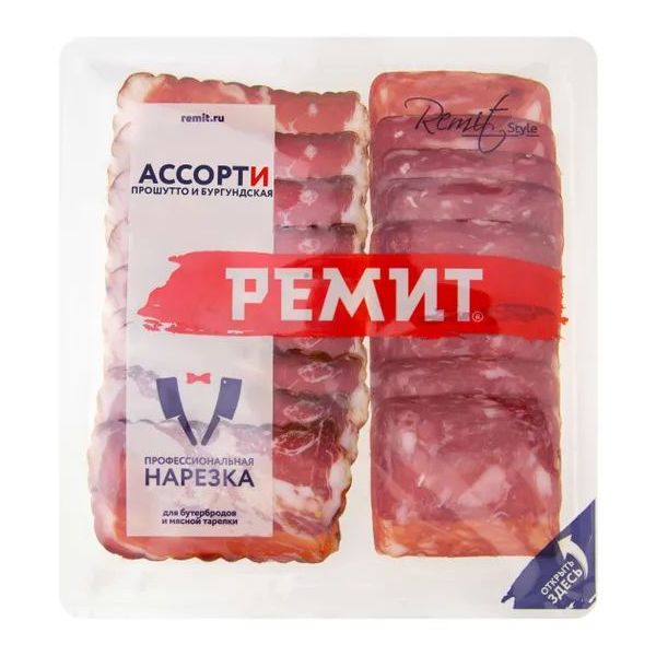 

Колбаса сырокопченая Ремит Ассорти с прошутто и бургундская нарезка 100 г