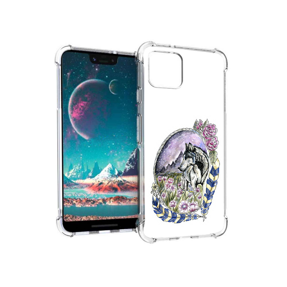 

Чехол MyPads Tocco для Google Pixel 4 нарисованный волк в цветах с перьями, Прозрачный, Tocco