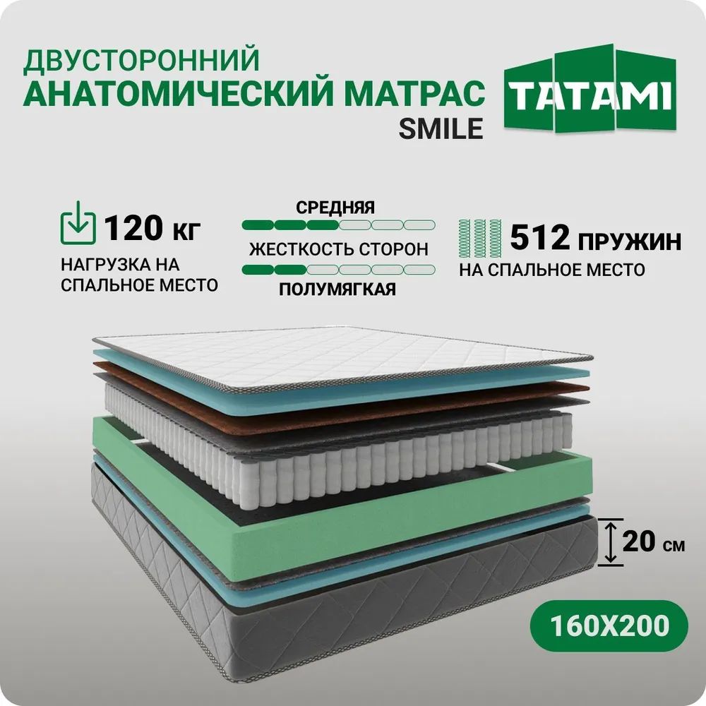 

Анатомический матрас Татами Смайл 160х200 двусторонний с разной степенью жесткости, Белый, Смайл