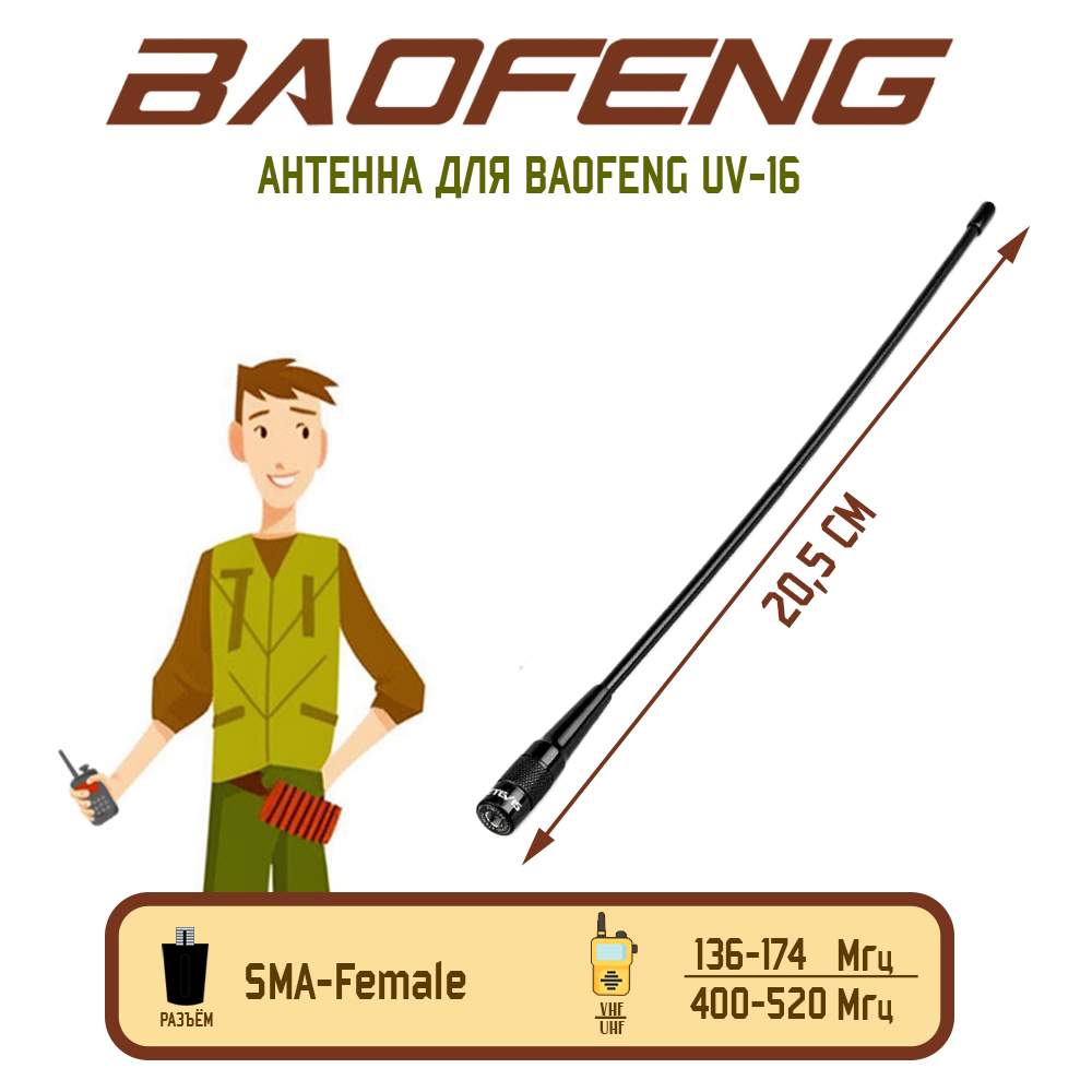 

Антенна штатная для раций Baofeng UV-16, 136/520 МГц, Черный, UV-16