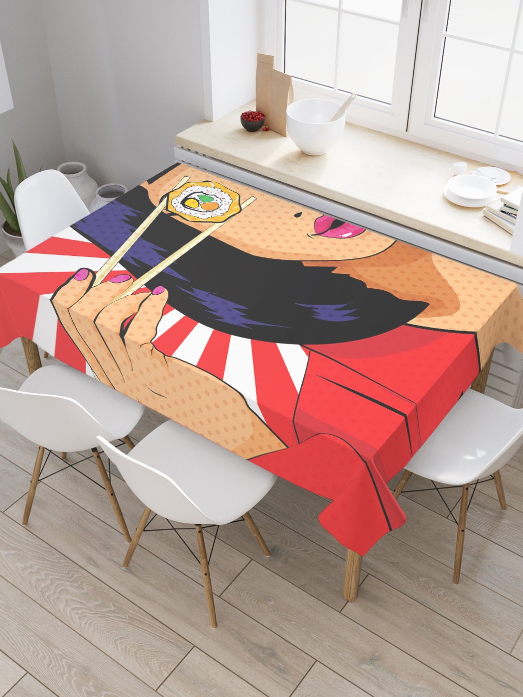 

Скатерть прямоугольная JoyArty "Девушка и суши" из оксфорда, 120x145 см, Красный, Девушка и суши