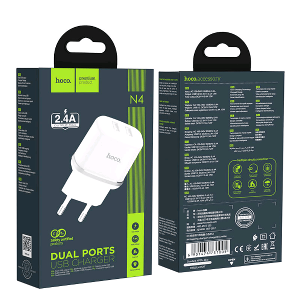 

Переходник СЗУ на 2 USB 2.4A HOCO N4 белый