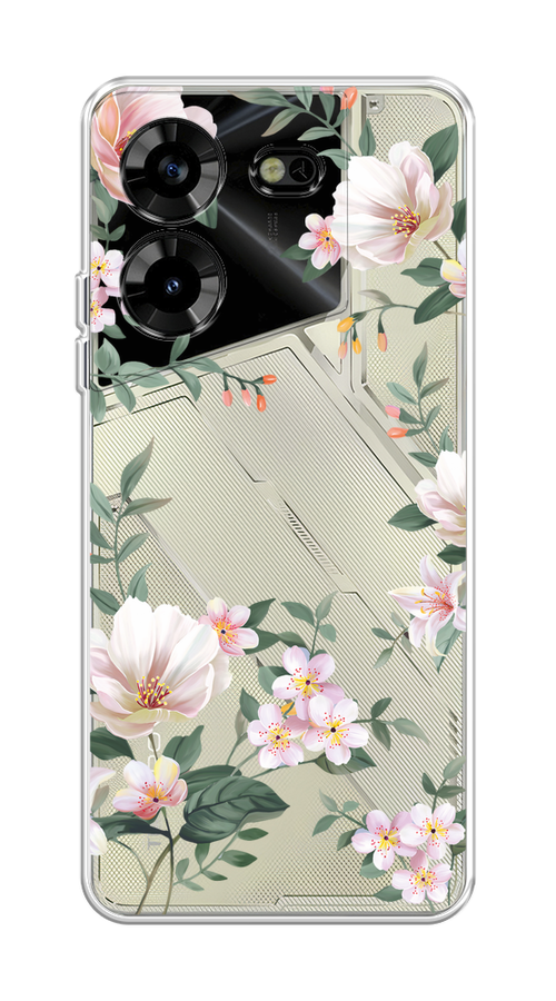 Чехол на Tecno Pova 5 "Beautiful white flowers" 303950-1 бежевый,  зеленый