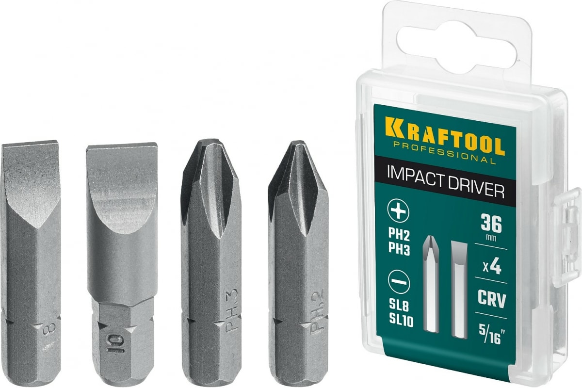 Биты для ударной отвертки 4 шт 36 мм, Kraftool биты для ударной отвертки kraftool