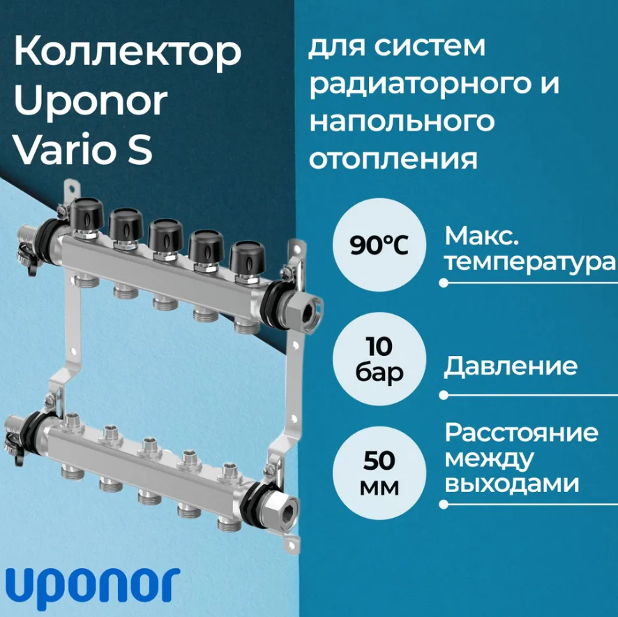 Коллектор стальной Uponor Vario S 1088048 с клапанами LS, 5 выходов