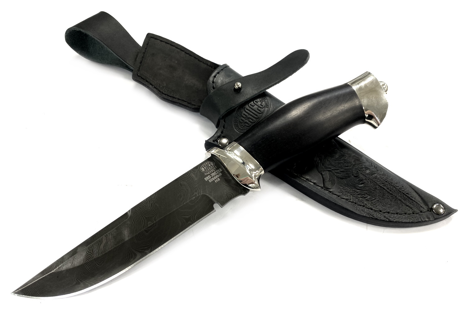 Нож Златоуст Лондон - спецназ, Н8, сталь черный дамаск (9ХС-70С2ХА), никель, граб