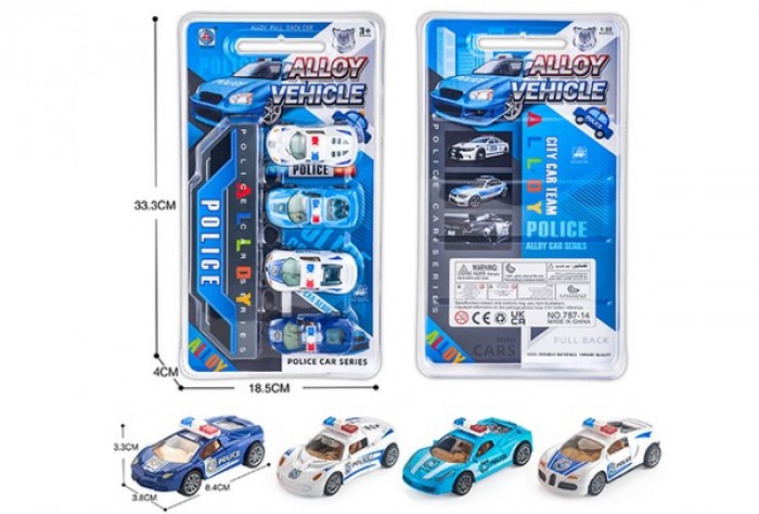 Набор машинок металлических Полиция 4 шт в упаковке 2389758, Разноцветный, 2389758