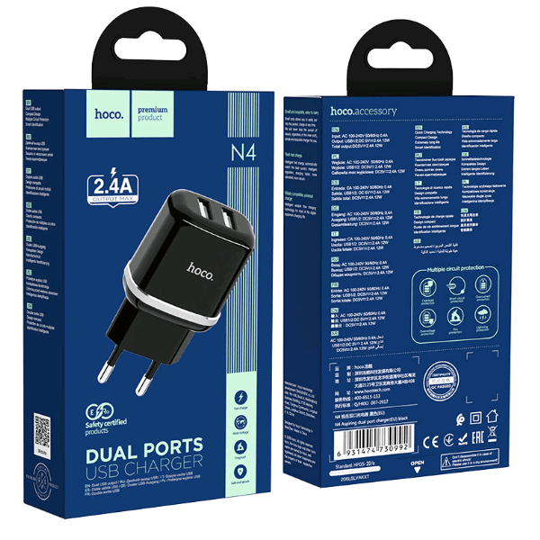 

Переходник СЗУ на 2 USB 2.4A HOCO N4 черный
