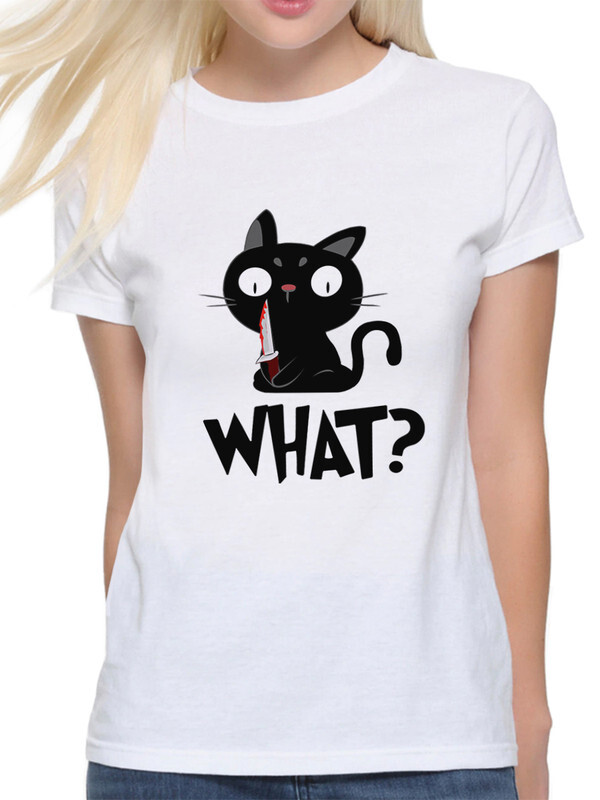 

Футболка женская DreamShirts Studio Котик убийца с ножом WHAT 1 белая XS, Белый, Котик убийца с ножом WHAT 1