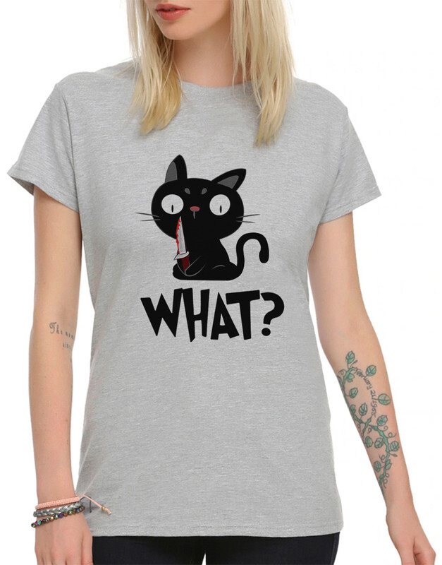 

Футболка женская DreamShirts Studio Котик убийца с ножом WHAT 1 серая S, Серый, Котик убийца с ножом WHAT 1