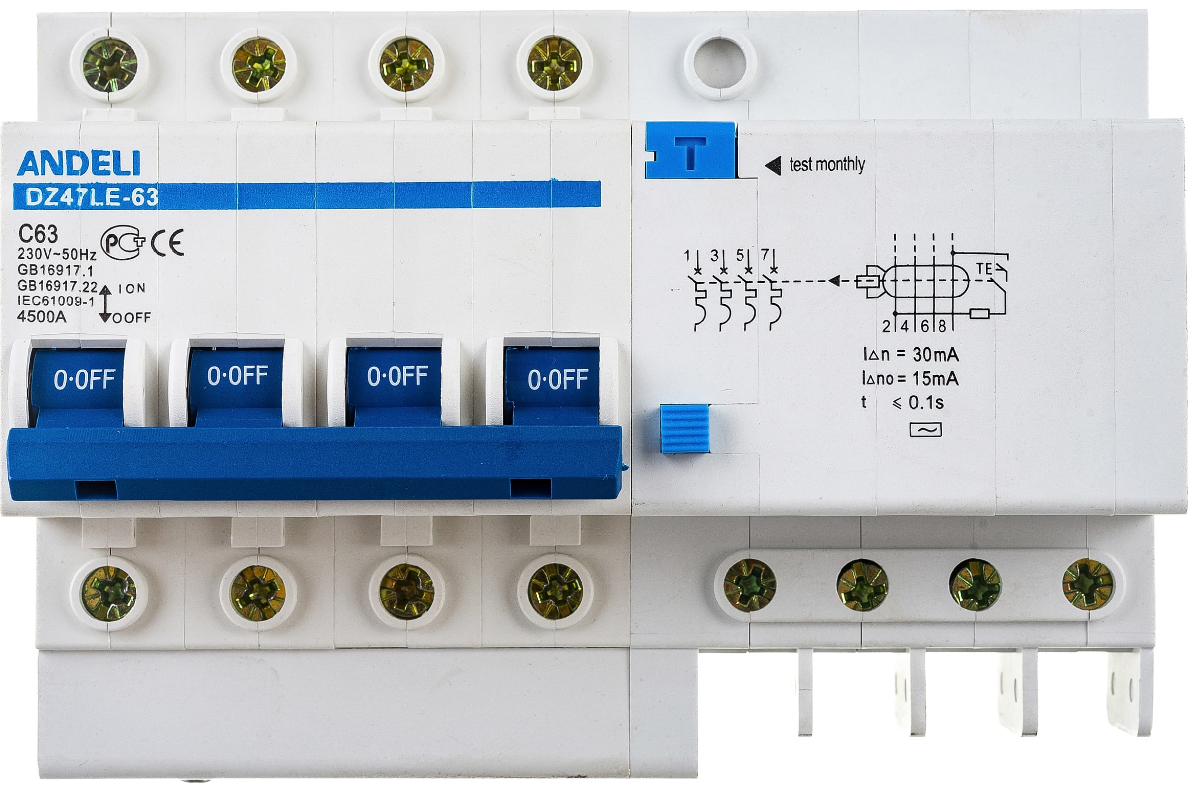 фото Andeli диф. автомат dz47le-63 4p 63a 30ma тип ac х-ка с adl02-016