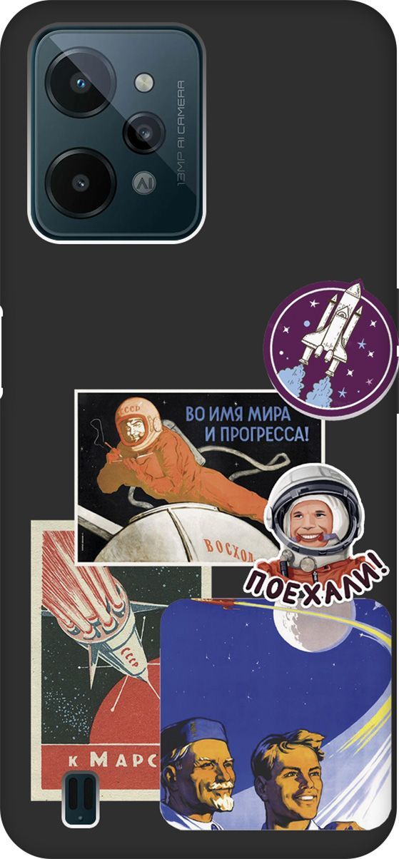 

Чехол на realme C31 с 3D принтом "Yuri Gagarin Stickers" черный, Черный;белый, 1571400