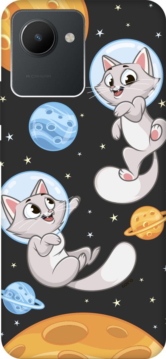 

Матовый Soft Touch Чехол на realme C30 с 3D принтом "CosmoCats" черный, Черный;серый, 1567100