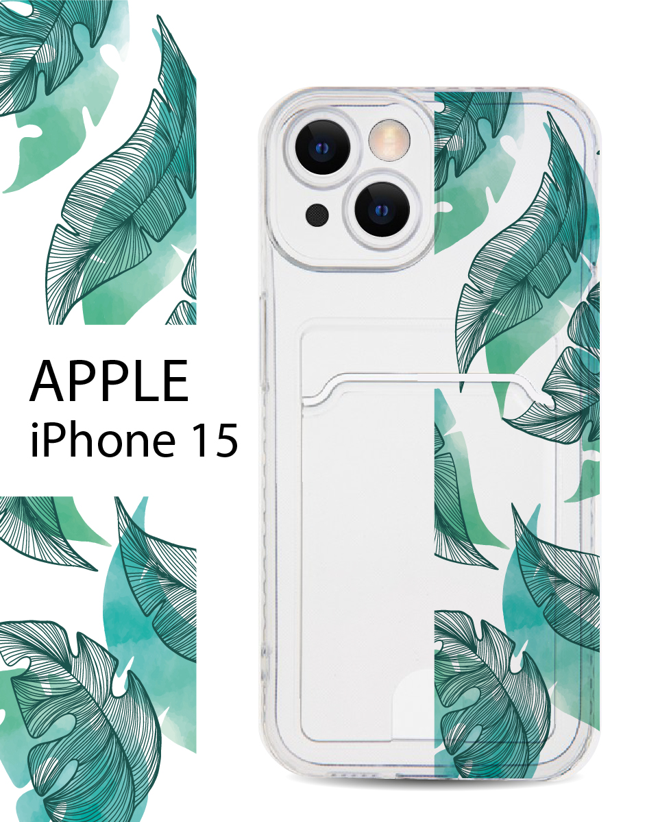 

Чехол на Apple iPhone 15 с карманом для банковской карты и принтом, Зеленый;черный, Apple iPhone 15