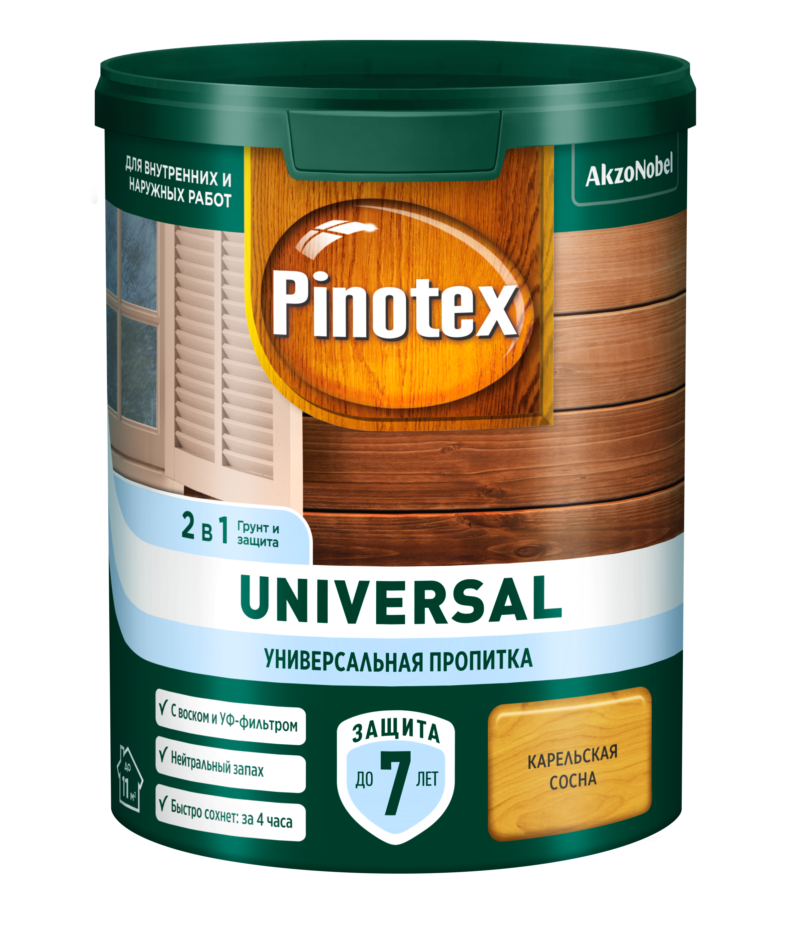 фото Пропитка универсальная для дерева pinotex universal 2 в 1, карельская сосна, 900 мл