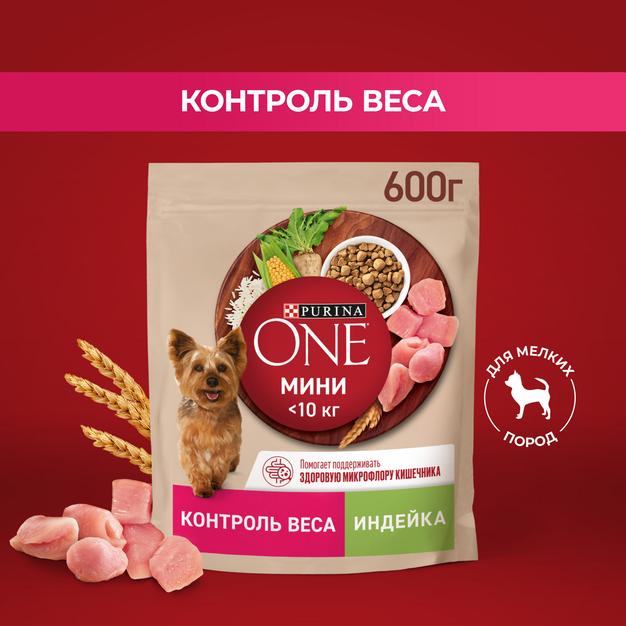 Сухой корм для собак Purina ONE Мини при склонности к набору веса индейка и рис, 600 г