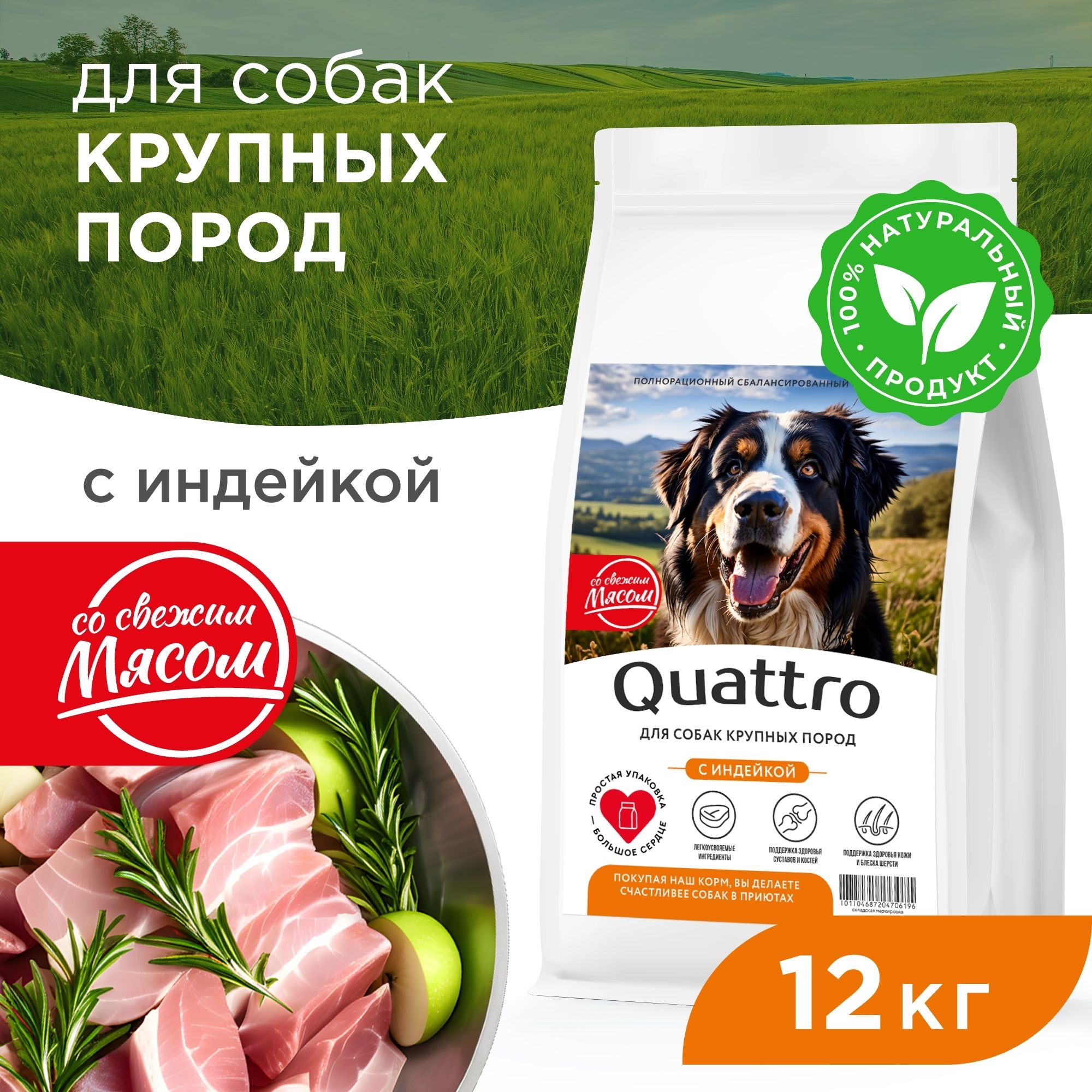 

Сухой корм для собак QUATTRO, для крупных пород, индейка, 12 кг