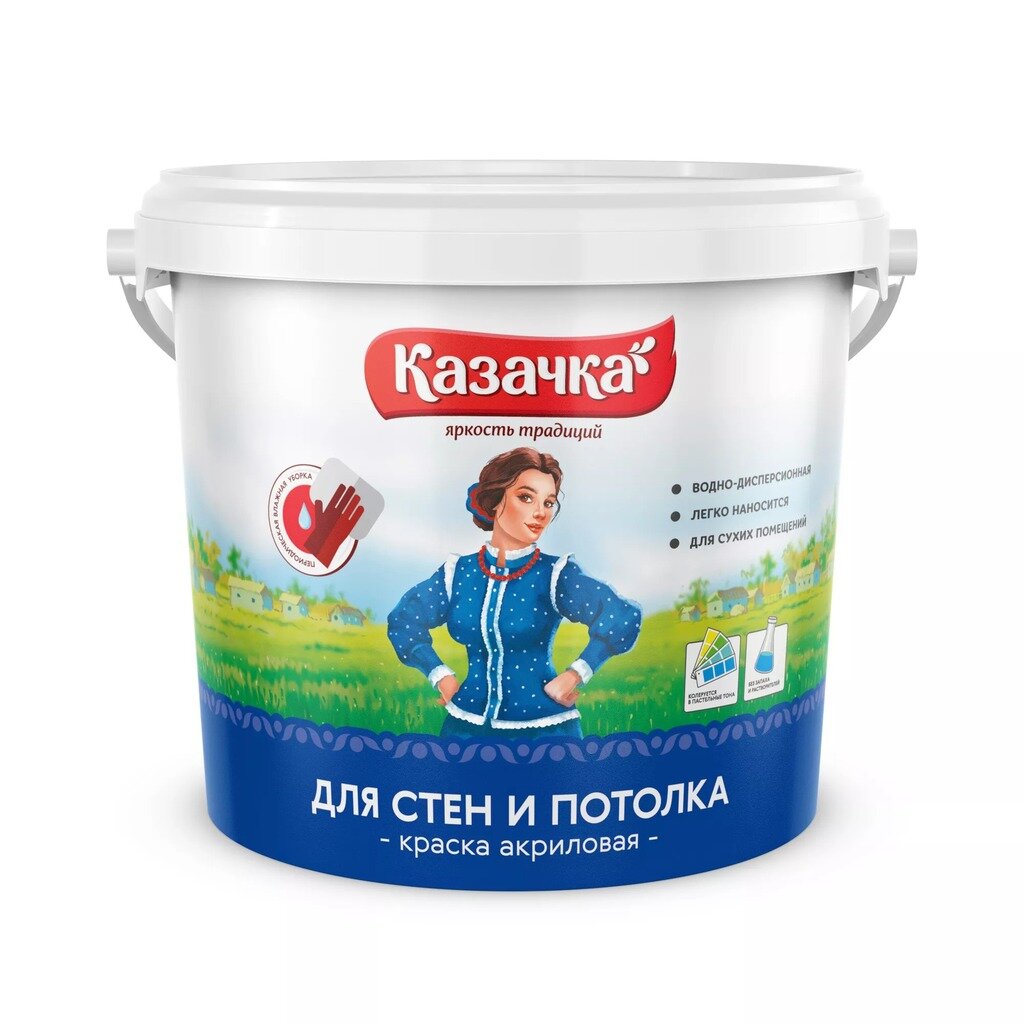 

Краска воднодисперсионная, Казачка, W-3, интерьерная, матовая, 4.5 кг, Белый