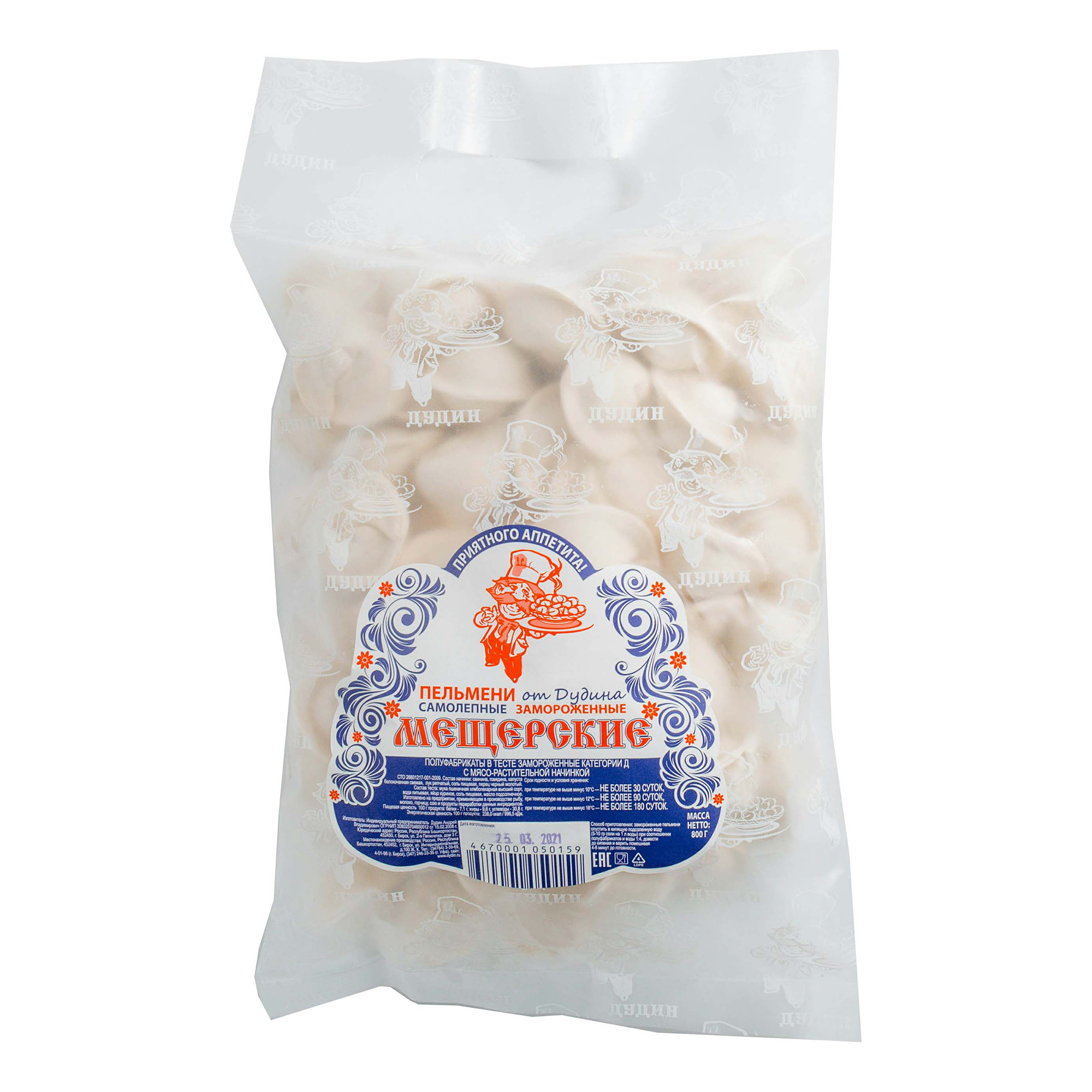 

Пельмени Дудинские продукты Мещерские из говядины-свинины 800 г