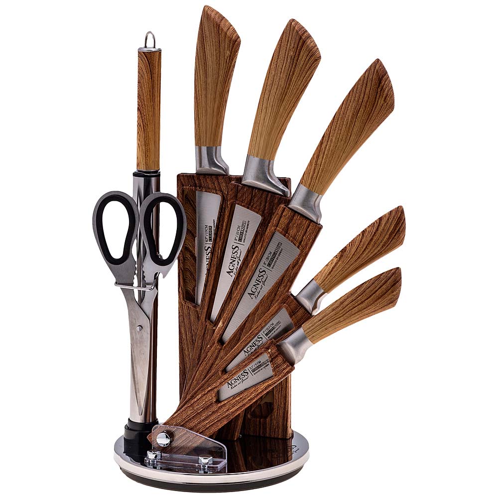 фото Набор ножей agness с ножницами и мусатом на пластиковой подставке, 8 предметов agness