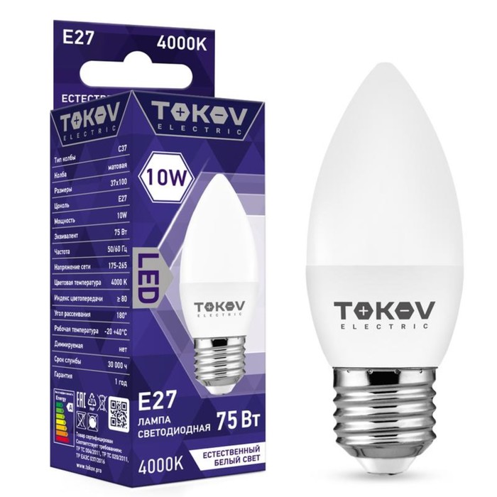 

Лампа светодиодная TOKOV ELECTRIC, 10 Вт, С37, 4000 К, Е27, 176-264В