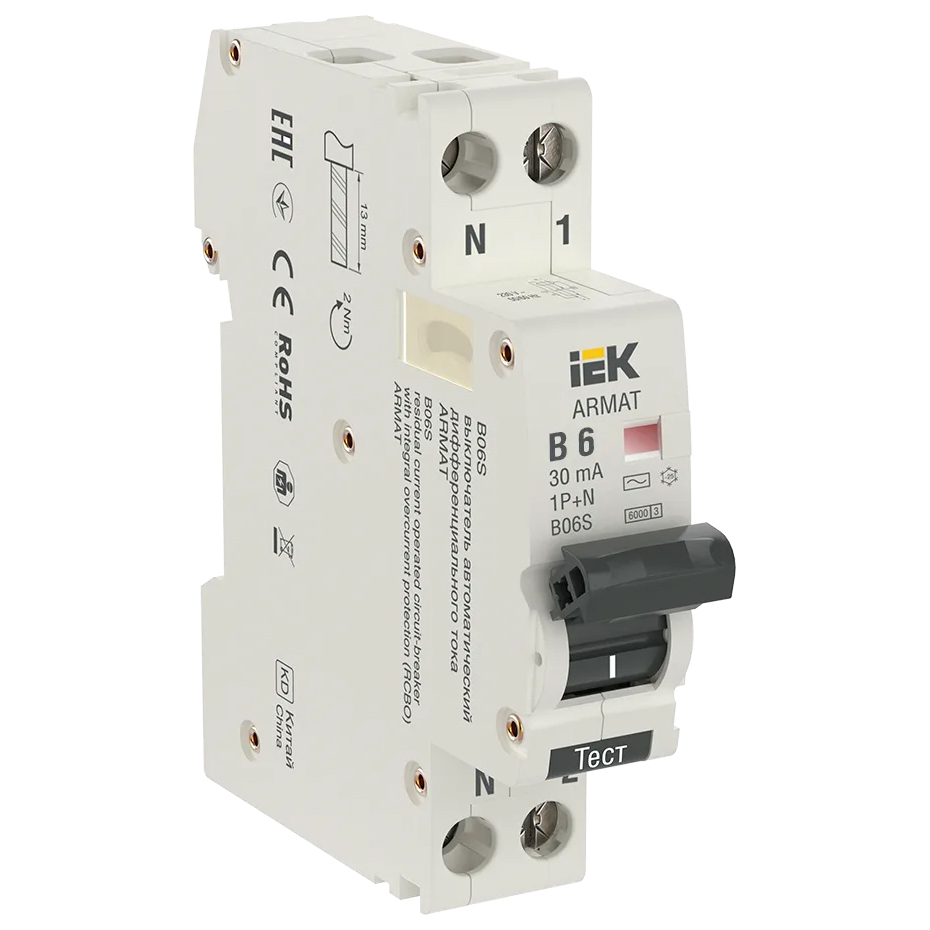 

IEK ARMAT АВДТ B06S 1P+NP B6 30мА тип AC (18мм) AR-B06S-1N-B06C030