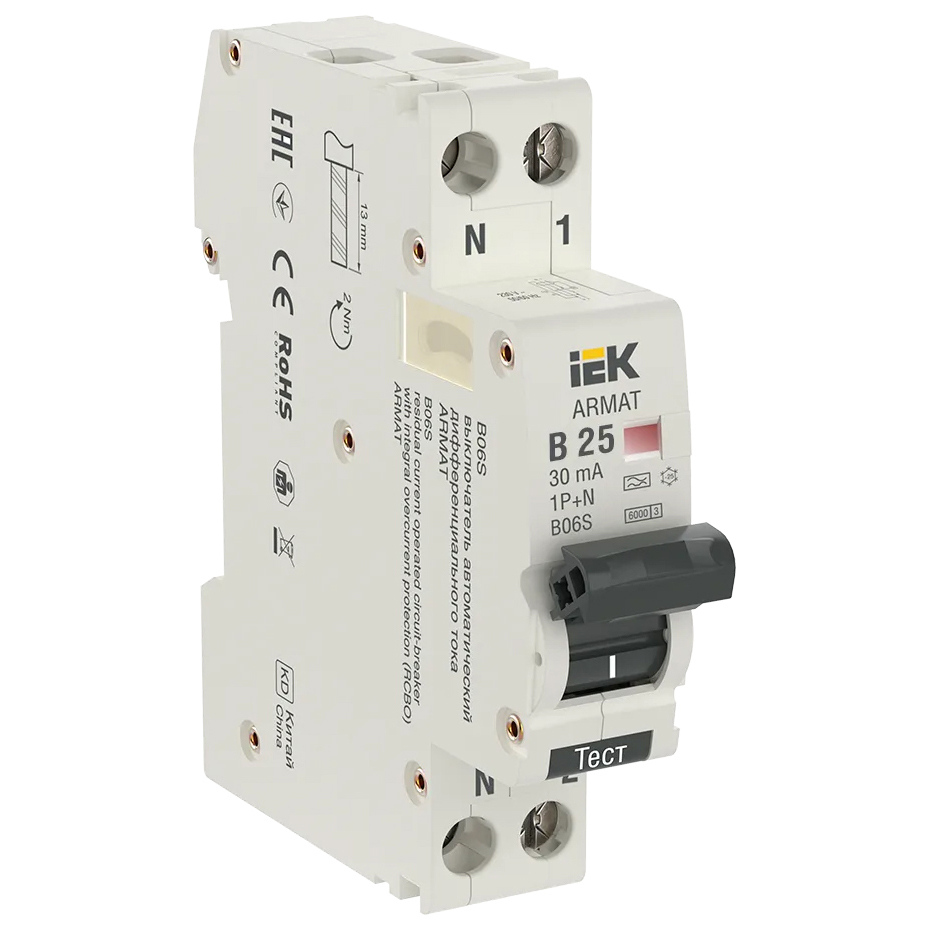 

IEK ARMAT АВДТ B06S 1P+NP B25 30мА тип A (18мм) AR-B06S-1N-B25A030