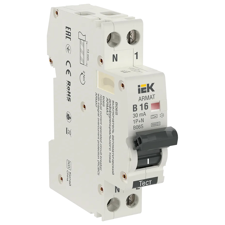 

IEK ARMAT АВДТ B06S 1P+NP B16 30мА тип A (18мм) AR-B06S-1N-B16A030