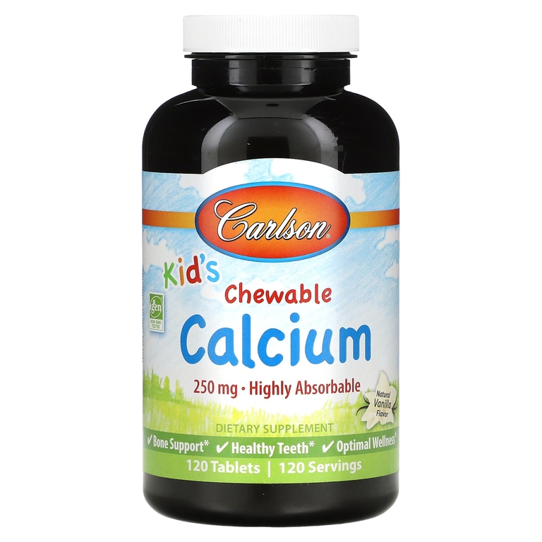 Кальций Carlson, жевательные таблетки для детей, с ванильным вкусом, 250 мг, 120 шт
