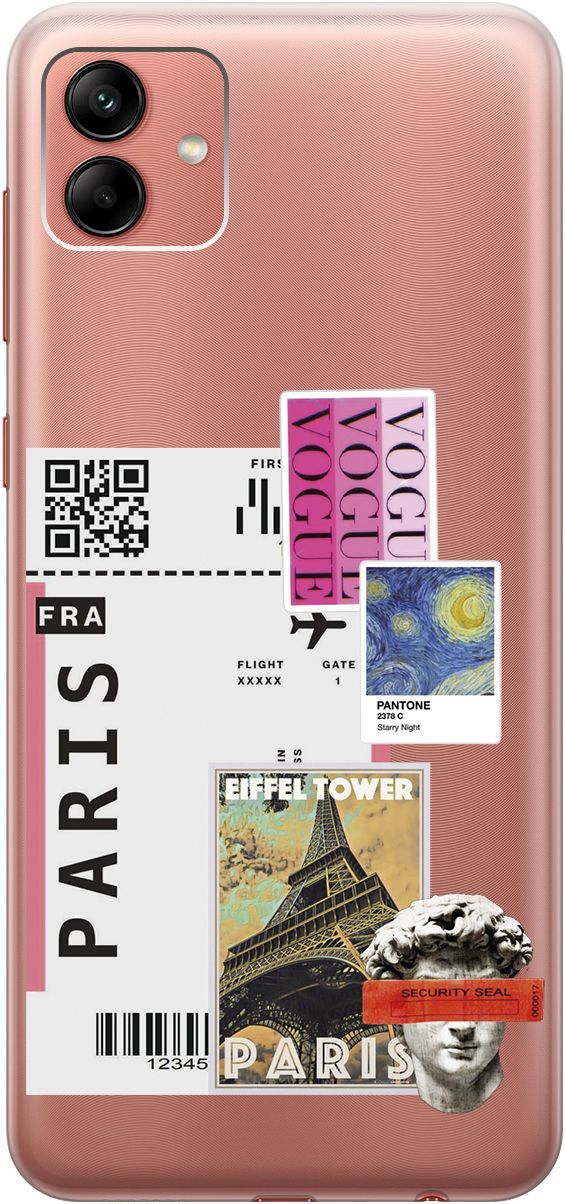 

Чехол на Samsung Galaxy A04 с 3D принтом "Paris Stickers" прозрачный, Прозрачный;бежевый, 158430
